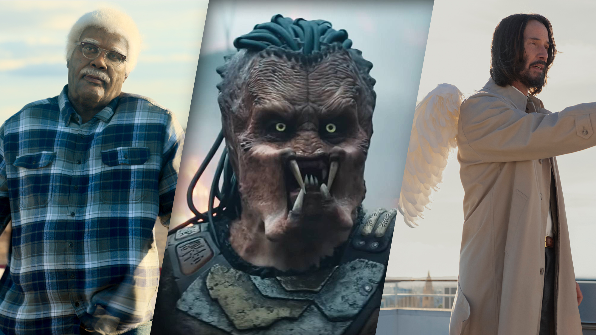 (From L to R) Tyler Perry as Joe in Joe's College Road Trip; Dimitrius Schuster-Koloamatangi as Dek in Predator: Badlands; and Keanu Reeves as Gabriel in Good Fortune. 