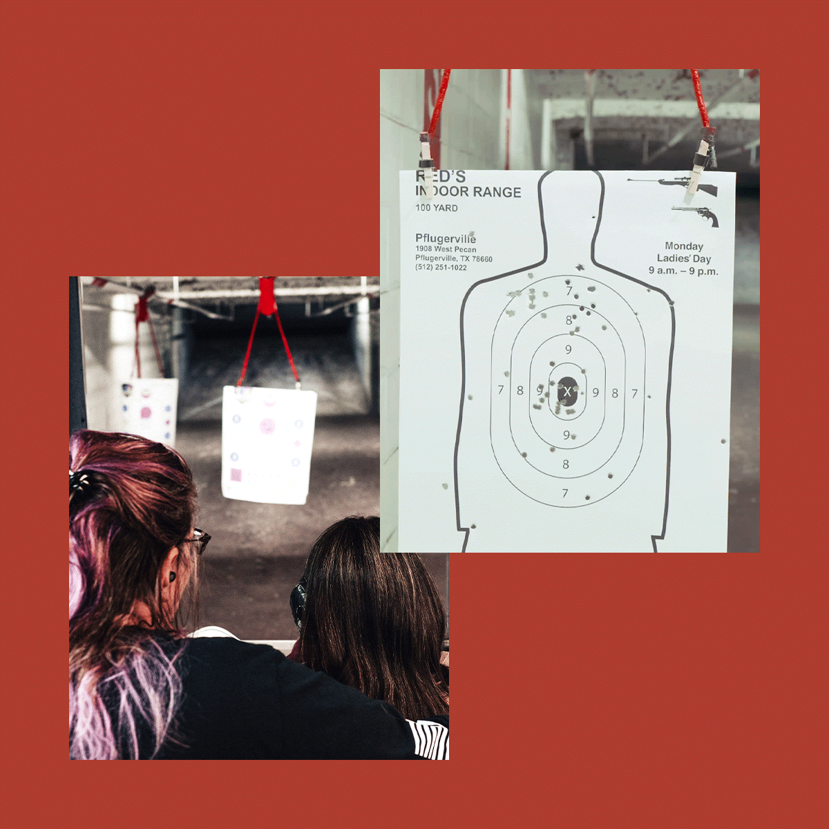 image of two women at a gun range next to a gif of a piece of paper being shot