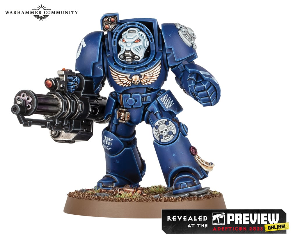 A miniature of a Space Marine Terminator from Warhammer 40,000.