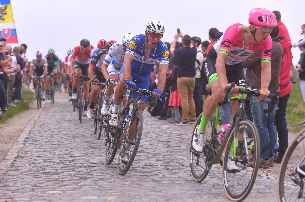 Sep Vanmarcke (EF Education-Drapac) leads a group on the pave