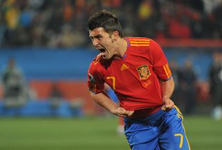 David Villa celebrates after scoring for Spain against Honduras at the 2022 World Cup.