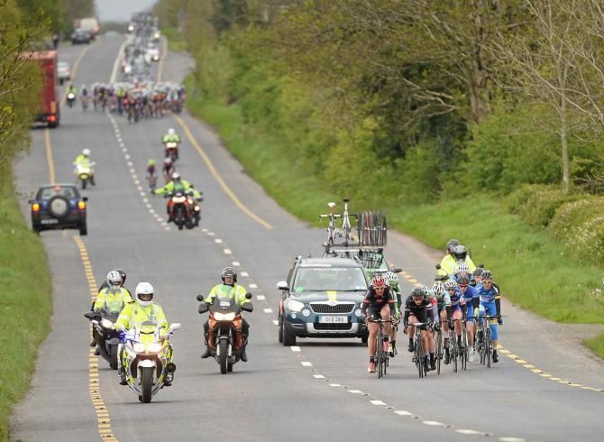 The peloton have the break in sight during a long straight between Longford and Roscommon