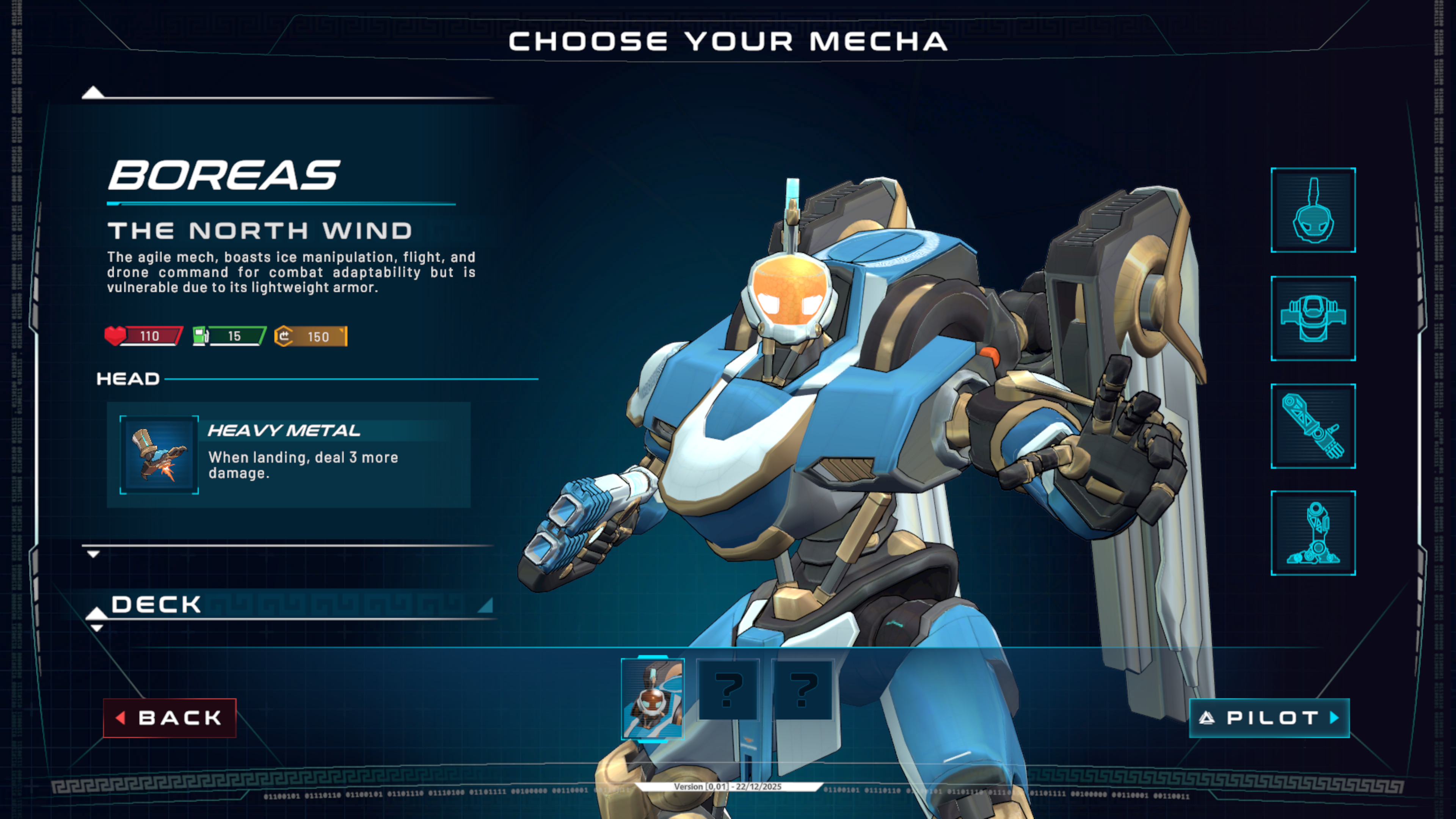 The Boreas mech in the mech selection screen in Mechborn.