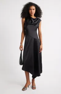 Open Edit Cowl Neck Asymmetric Satin Midi Dress