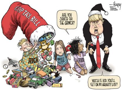 Political cartoon U.S. GOP tax cuts wealthy Christmas
