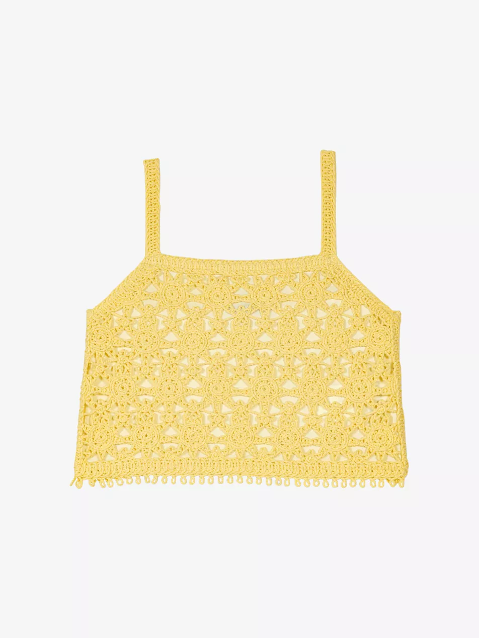 Square-Neck Sunburst-Pattern Cotton-Crochet Top