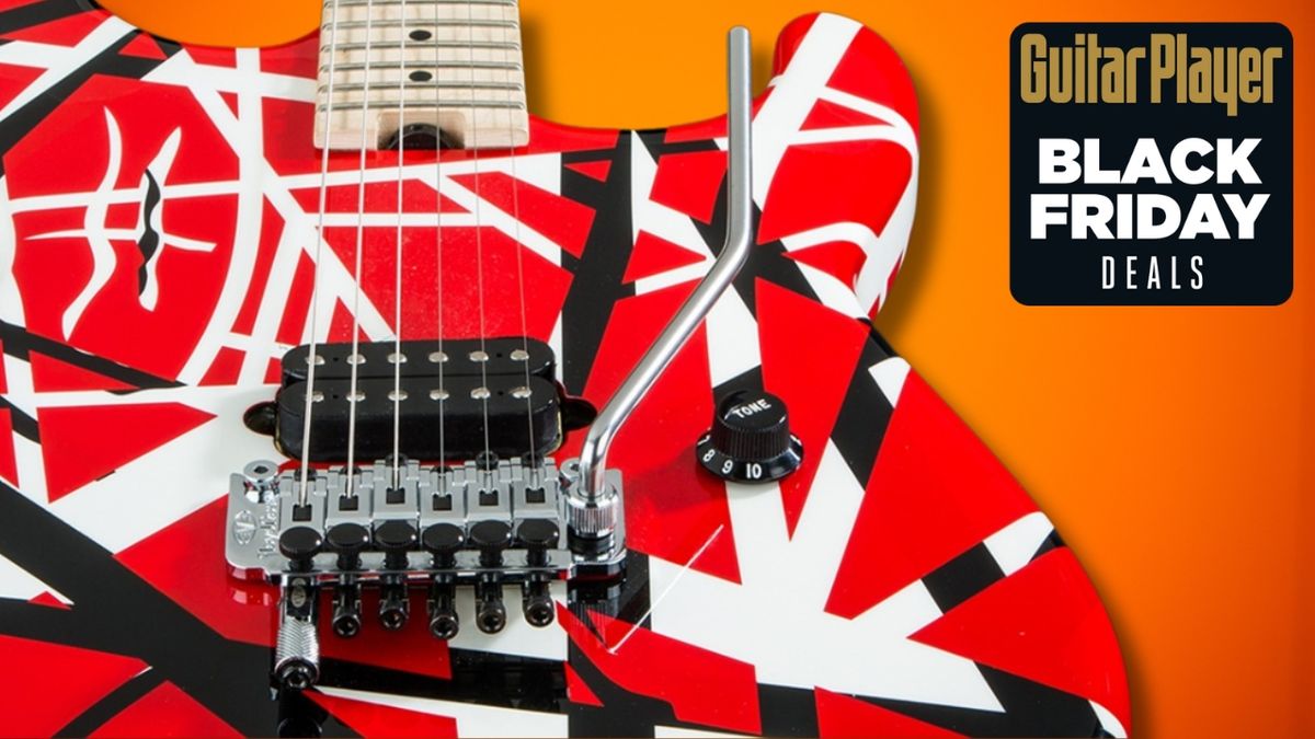 An EVH Striped Series guitar on an orange background