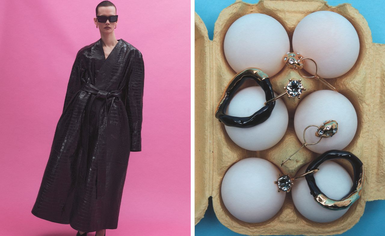 Model in A/W 2022 Balenciaga black jacket and sunglasses on left, jewellery on a packet of eggs on tight