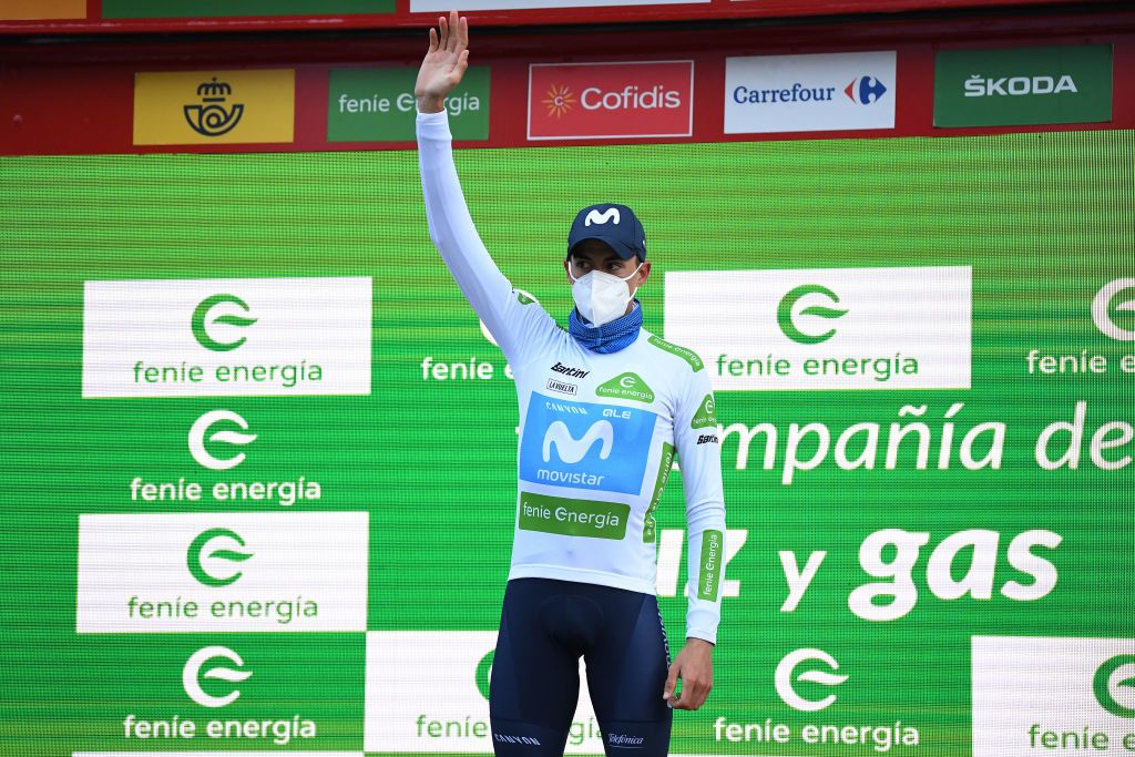 VILLANUEVA DE VALDEGOVIA SPAIN OCTOBER 27 Podium Enric Mas Nicolau of Spain and Movistar Team White Best Young Rider Jersey Celebration during the 75th Tour of Spain 2020 Stage 7 a 1597km from VitoriaGasteiz to Villanueva de Valdegovia lavuelta LaVuelta20 La Vuelta on October 27 2020 in Villanueva de Valdegovia Spain Photo by David RamosGetty Images