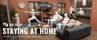 graphic that says staying at home with statue like figures sitting at home