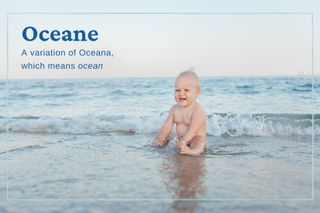 Unique baby names illustrated with a baby sat in the sea
