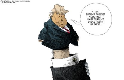 Political Cartoon U.S. Donald Trump puppet Vladimir Putin Steve Bannon