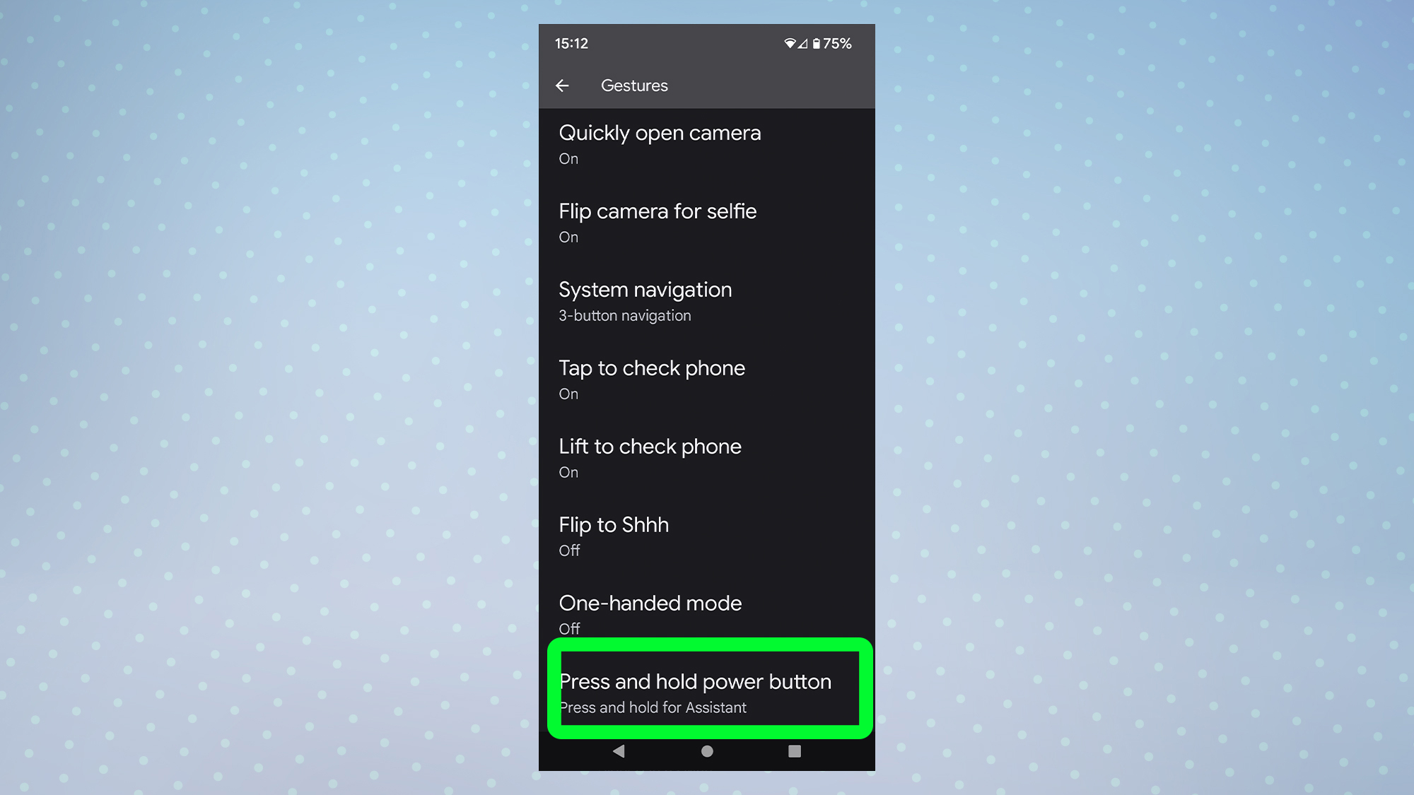 Снимок экрана с Android 12, показывающий выделенные настройки кнопки питания