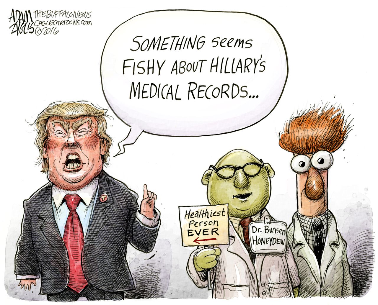 Political Cartoon U.S. election 2016 Donald Trump questions Hillary Clinton&amp;#039;s health