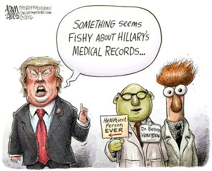 Political Cartoon U.S. election 2016 Donald Trump questions Hillary Clinton's health