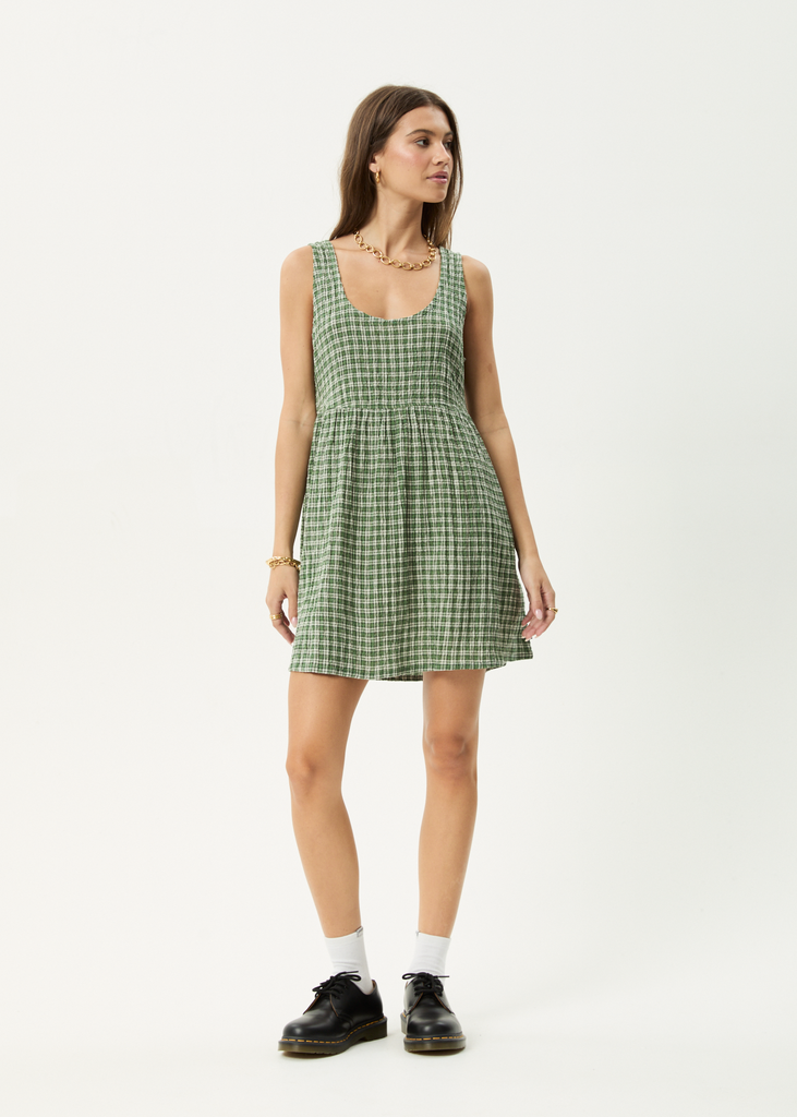 Afends Womens Base Jesse - Seersucker Mini Dress - Deep Green Check