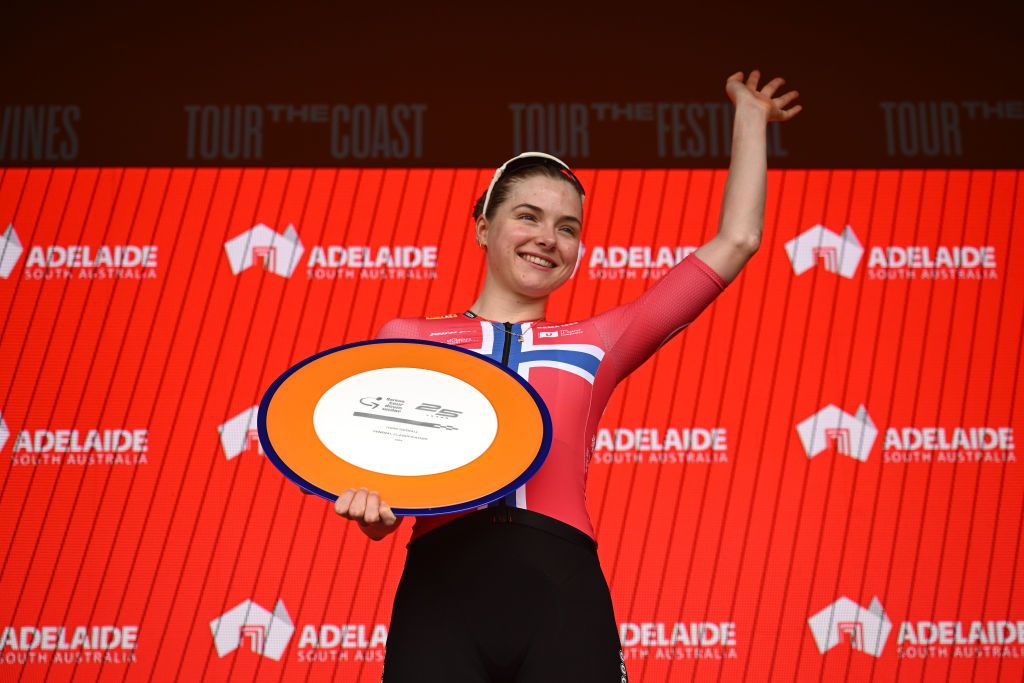 STIRLING AUSTRALIA JANUARY 19 Mie Bjorndal Ottestad of Norway and Team UnoX Mobility on third overall place poses on the podium ceremony after the 9th Santos Womens Tour Down Under 2025 Stage 3 a 1059km stage from Stirling to Stirling 444m UCIWWT on January 19 2025 in Stirling Australia Photo by Dario BelingheriGetty Images