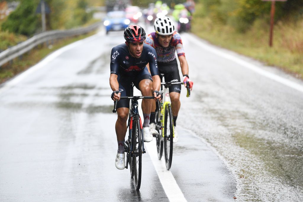 ROCCARASO ITALY OCTOBER 11 Jonathan Castroviejo of Spain and Team INEOS Grenadiers Ruben Guerreiro of Portugal and Team EF Pro Cycling Breakaway Rain during the 103rd Giro dItalia 2020 Stage 9 a 207km stage from San Salvo to Roccaraso Aremogna 1658m girodiitalia Giro on October 11 2020 in Roccaraso Italy Photo by Tim de WaeleGetty Images