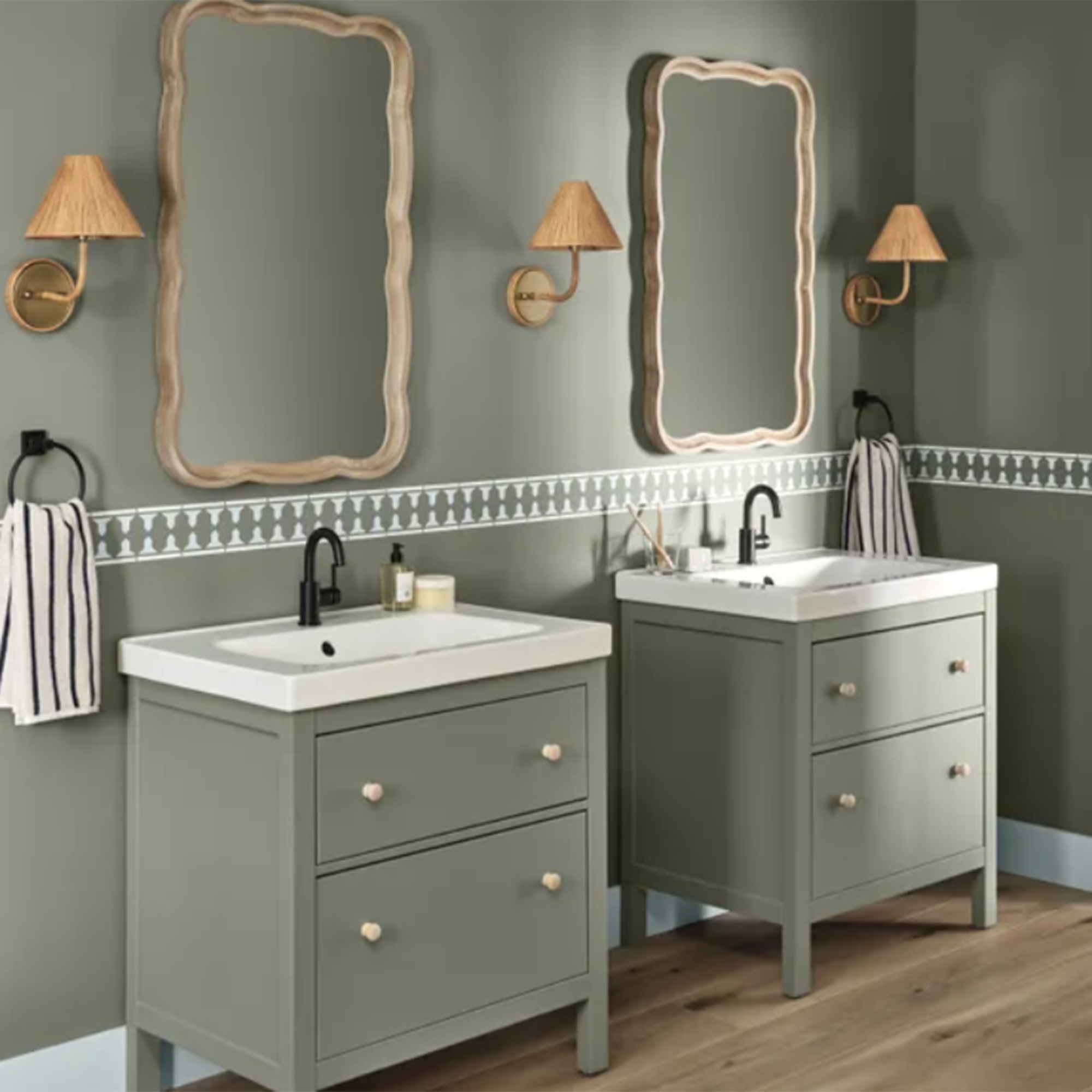 bathroom with double vanity in a grey tone that matches the wall