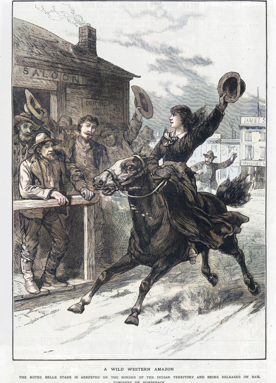 A picture of Belle Starr riding a horse to a crowd of cheering fans