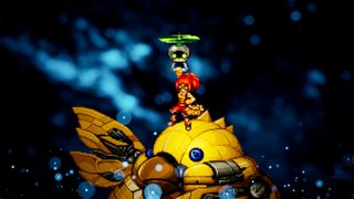 Screenshot from Final Fantasy Resonance, showing an orange-haired girl gliding with a handheld helicopter-like gadget. A mechanized fat chocobo stands behind her.