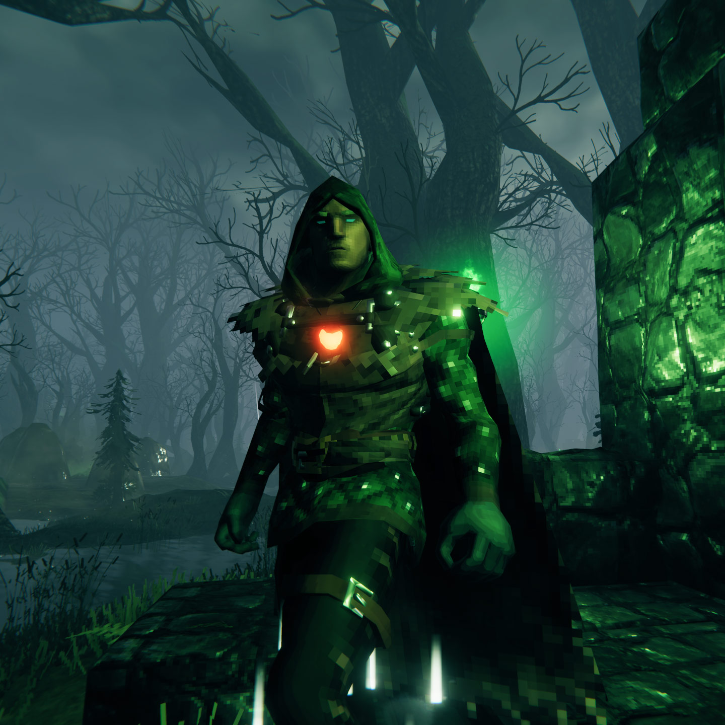 A Valheim Viking standing in the Swamp with clearly defined trees in the background.