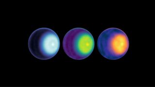 Three images of Uranus that are blue, green and red showing a weird bright spot