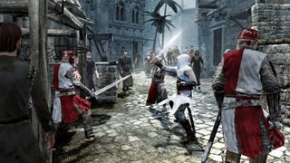 A player fighting a guard on a street with a sword during the first Assassin's Creed game.