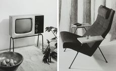 Black and white images of old TV on stand and chair
