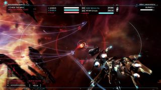 Best mech games - In a screenshot from Strike Suit Zero, the player mech boosts forward through a trailing stream of missiles.