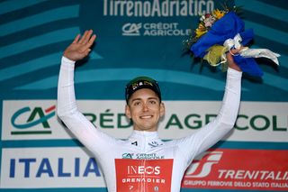 LIDO DI CAMAIORE ITALY MARCH 06 Magnus Sheffield of The United States and Team INEOS Grenadiers celebrates at podium as White best young jersey winner during the 58th TirrenoAdriatico 2023 Stage 1 a 115km individual time trial from Lido di Camaiore to Lido di Camaiore TirrenoAdriatico ITT on March 06 2023 in Lido di Camaiore Italy Photo by Tim de WaeleGetty Images