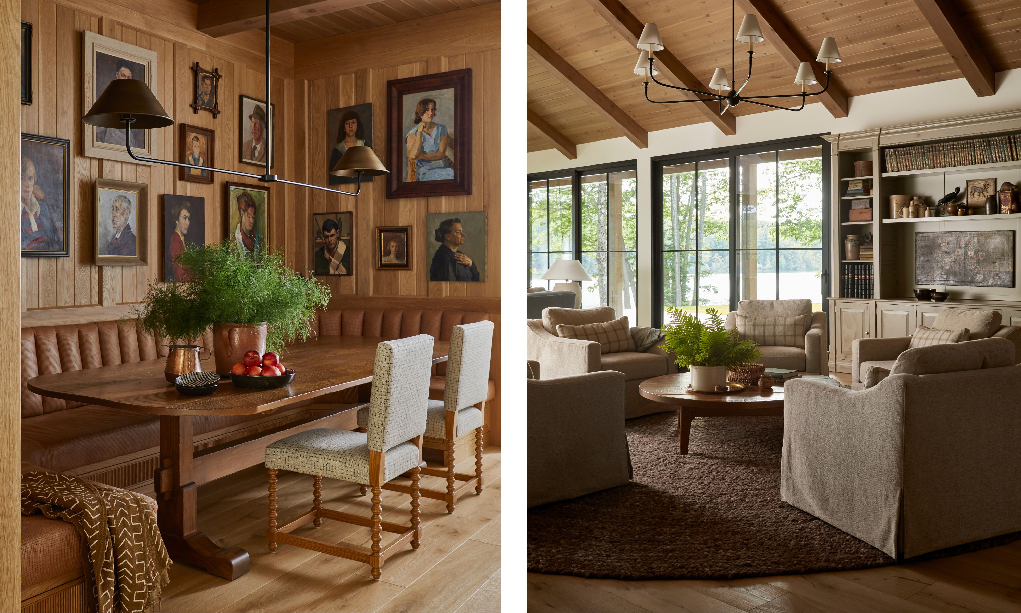 A side-by-side view showing a wood-paneled dining nook with a gallery of portraits on the left, and a bright, cozy sitting room with neutral armchairs and floor-to-ceiling lake views on the right.