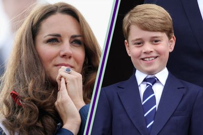 Kate Middleton looking concerned, with her hands clasped infront of her face, side by side with an image of Prince George smiling