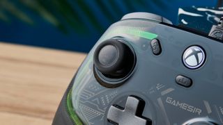 The GameSir Kaleid wired Xbox/PC controller. The photo is a close up of the left joystick.
