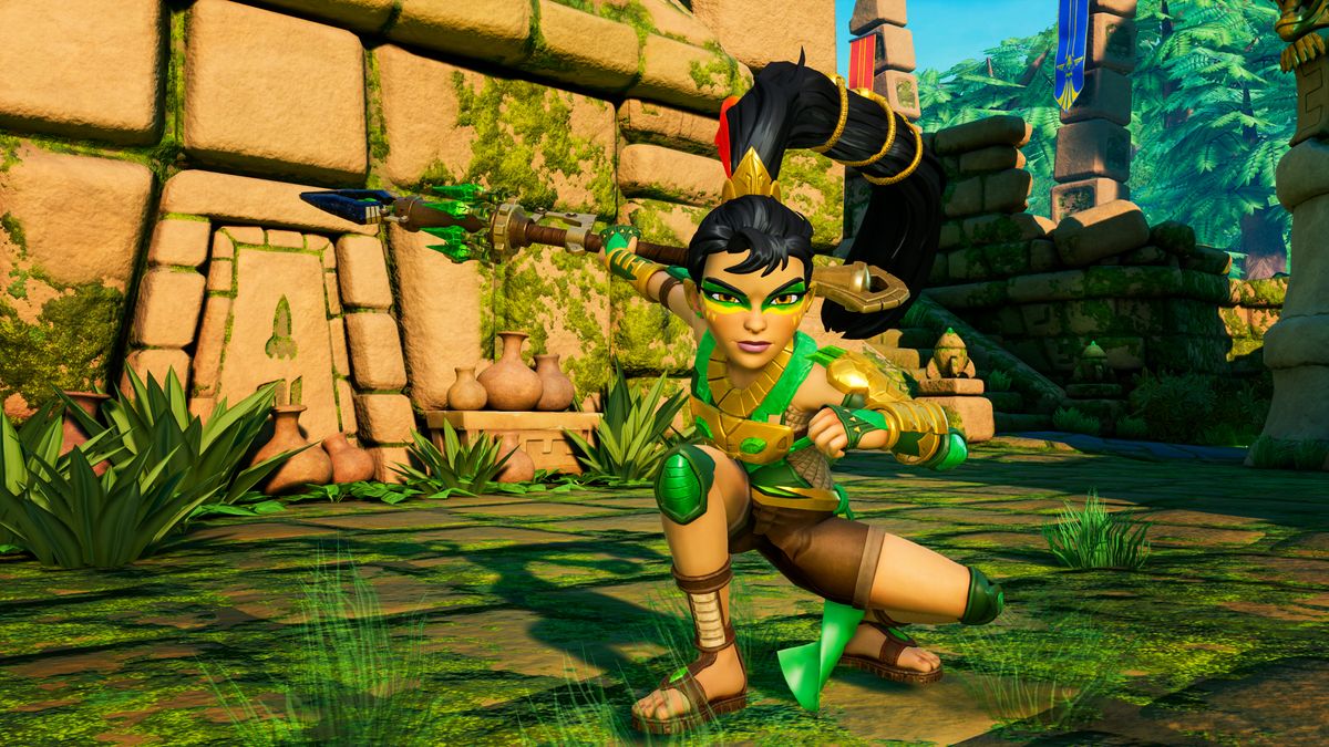 Izell has short-range rockets, a lunge attack, an a bola to yank opponents toward her.