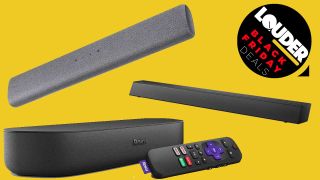 A selection of soundbars on a yellow background
