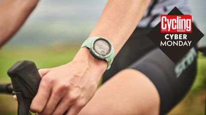 Female cyclist wearing a smartwatch, and Cycling Weekly's Cyber Monday roundal