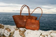 two bags from the rixo x dragon diffusion collection sitting on a rock