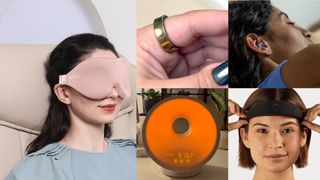 A collage of sleep products including a woman wearing a pink sleep mask in aeroplane seat, a woman's hand with Samsung Galaxy ring, a orange-lit sunrise alarm clock, a woman wearing purple sleep earplugs and a woman wearing a black sleep headband