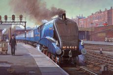 An arrival to savour: in Mike Jeffries’s painting of Mallard steaming into King’s Cross, the guard’s unalloyed admiration is clear to see.