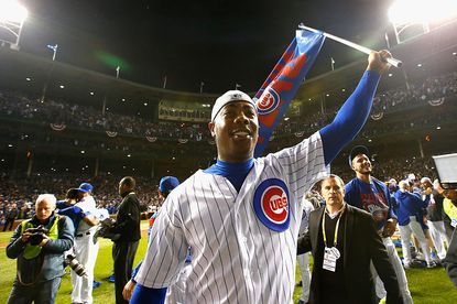 Aroldis Chapman #54 of the Chicago Cubs reacts to winning the National League Championship
