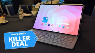 Samsung Galaxy Tab S11 Ultra with Book Cover Keyboard attached on table with 'Killer Deal' badge applied
