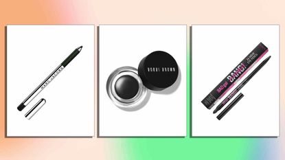 A selection of the best eyeliners is pictured from left to right, marc jacobs, bobbi brown and benefit