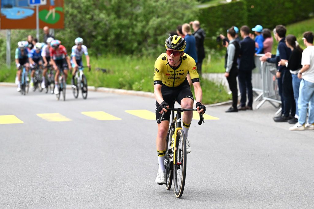 VILLARSSUROLLON SWITZERLAND JUNE 15 Johannes StauneMittet of Norway and Team Visma Lease a Bike competes in the breakaway during the 87th Tour de Suisse 2024 Stage 7 a 1182km stage from VillarssurOllon to VillarssurOllon 1248m UCIWT on June 15 2024 in VillarssurOllon Switzerland Photo by Tim de WaeleGetty Images