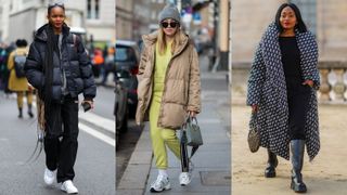 street style models wearing puffer jacket outfits for the weekend