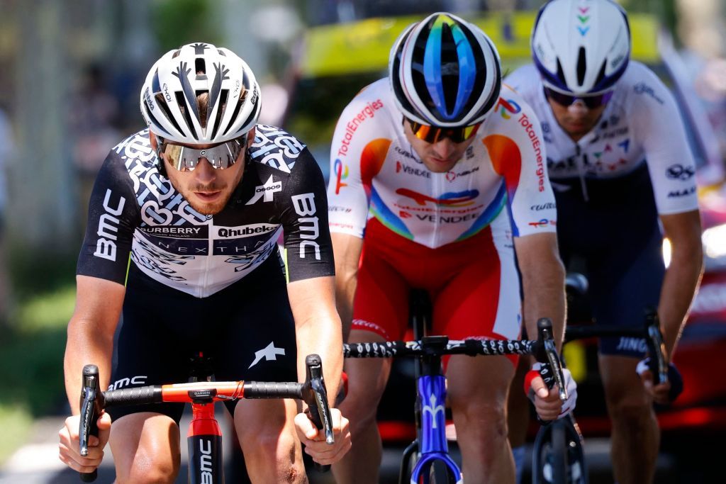 Team Israel Start Up Nations Omer Goldstein of Israel R Team Total Energies Pierre Latour of France C and Team Qhubeka Assos Sean Bennett of US ride in a breakaway during the 13th stage of the 108th edition of the Tour de France cycling race 219 km between Nimes and Carcassonne on July 09 2021 Photo by Thomas SAMSON AFP Photo by THOMAS SAMSONAFP via Getty Images