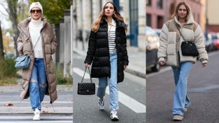 street style models wearing puffer jacket outfits with jeans