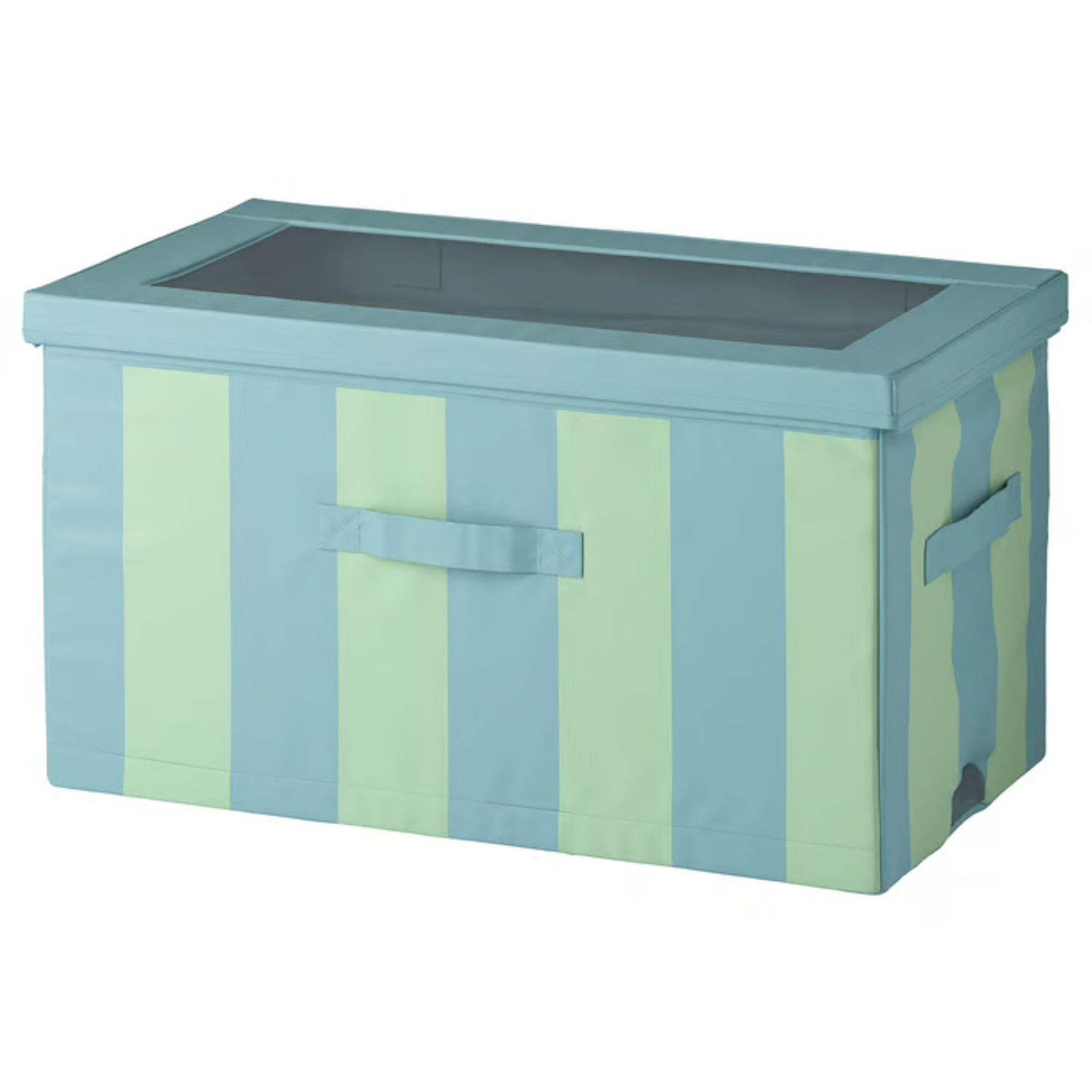 A mid-blue and sea green striped storage box with a lid and handles
