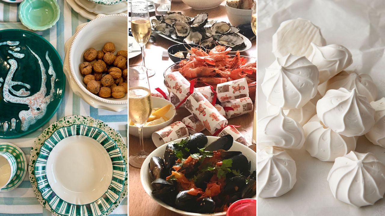 Tableware, Christmas table with fish dishes, pile of meringues