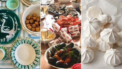 Tableware, Christmas table with fish dishes, pile of meringues